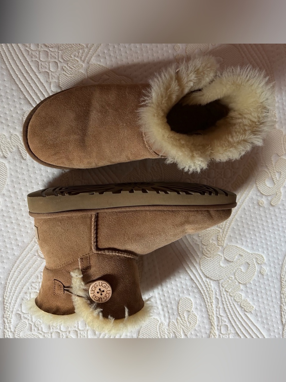 Classic UGG Mini Bailey Button boots in Chestnut, women’s size 10